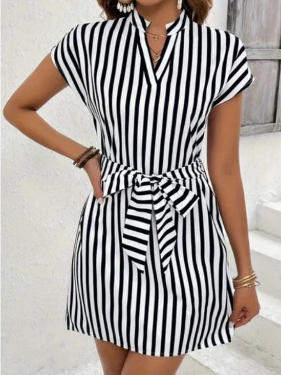 Striped Blue and White Tie-Waist Short Dress. Plus Size Available - Picture 7 of 9